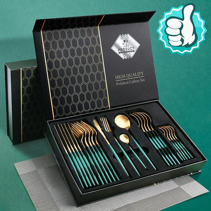 24 PCs Premium Steel Cutlery Set-(4406) Green Over Golden Cutlery Set Apricot