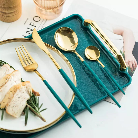 24 PCs Premium Steel Cutlery Set-(4406) Green Over Golden Cutlery Set Apricot