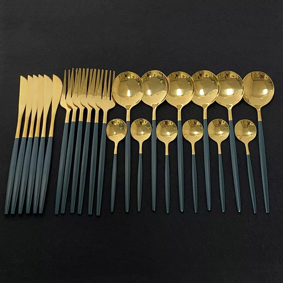 24 PCs Premium Steel Cutlery Set-(4406) Green Over Golden Cutlery Set Apricot