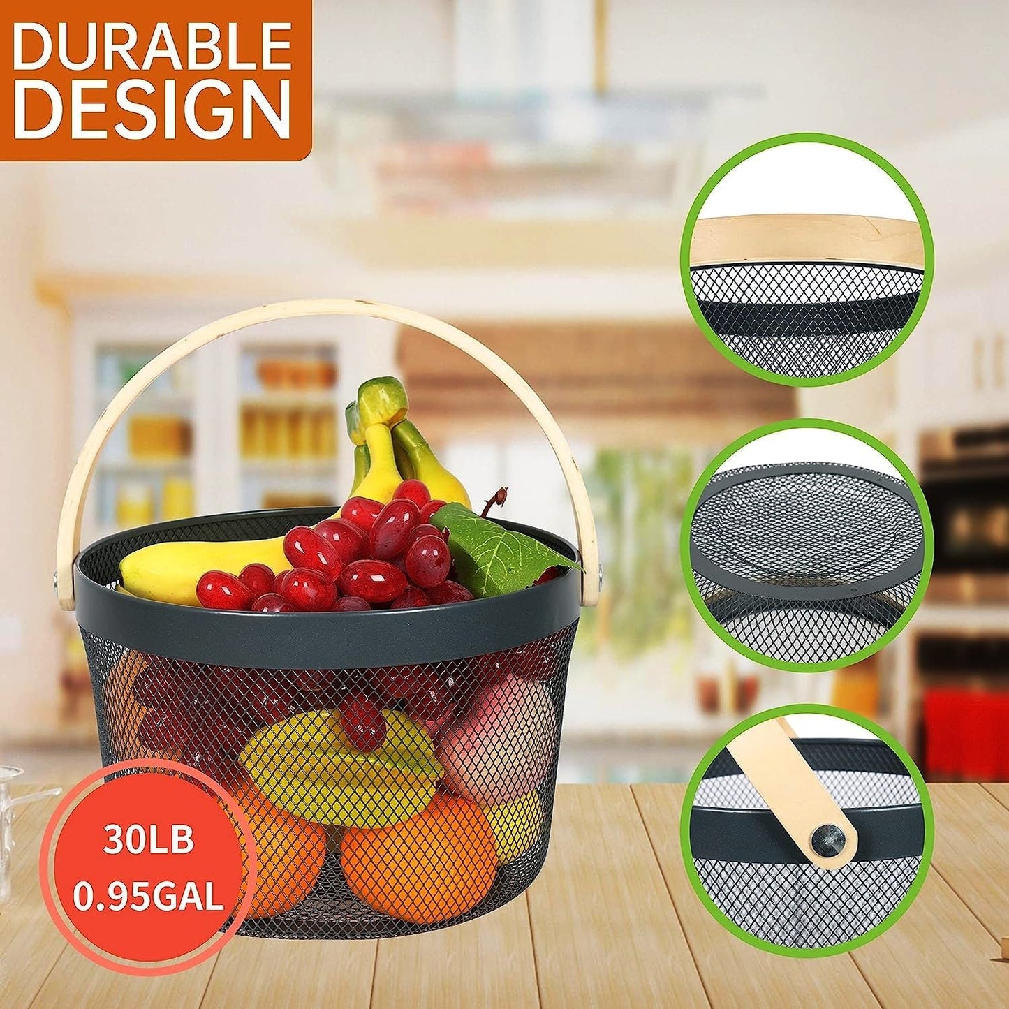 Mesh Steel Basket with Wooden Handle-13920Round Black Fruit Baskets Apricot   