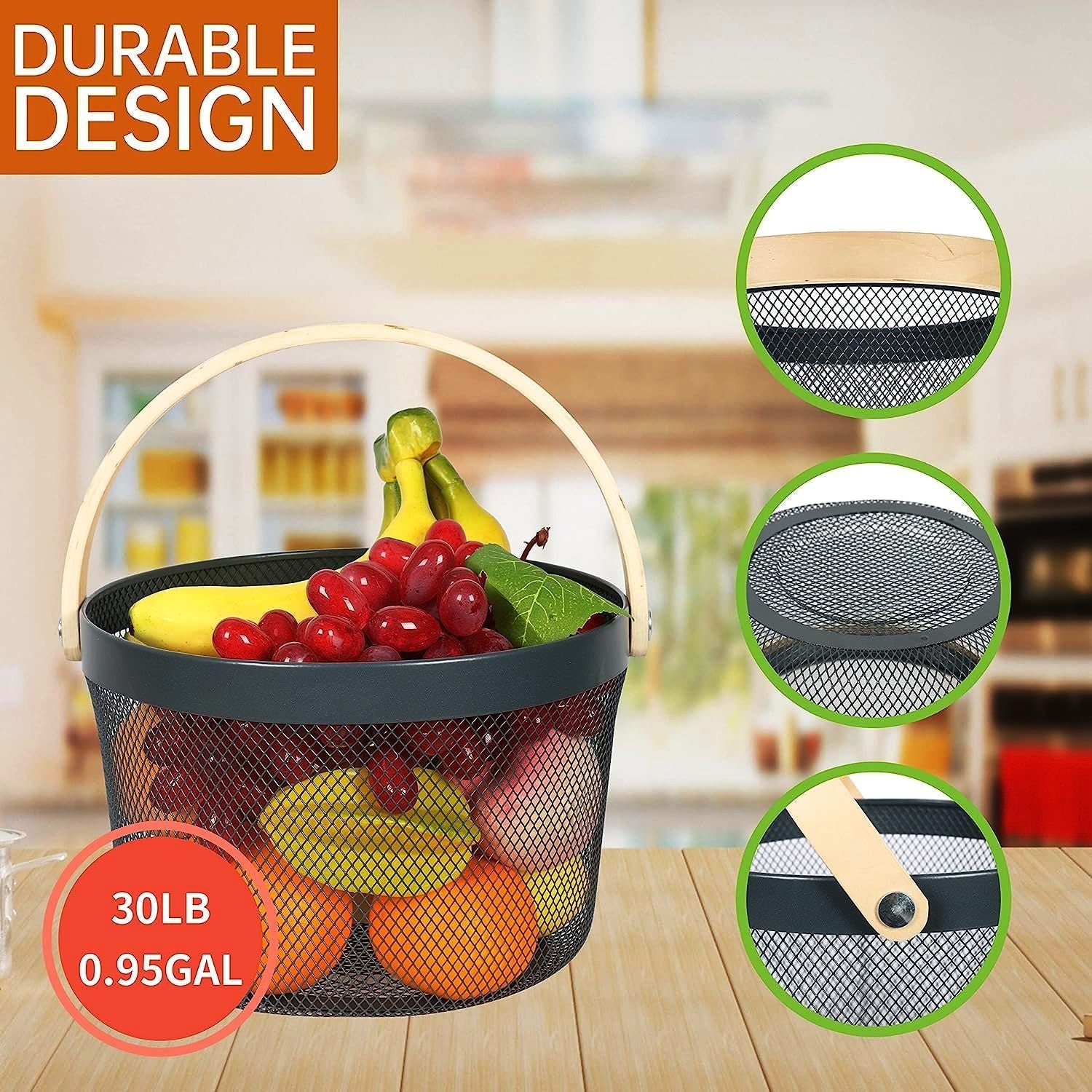 Mesh Steel Basket with Wooden Handle-13920Round Black Fruit Baskets Apricot   