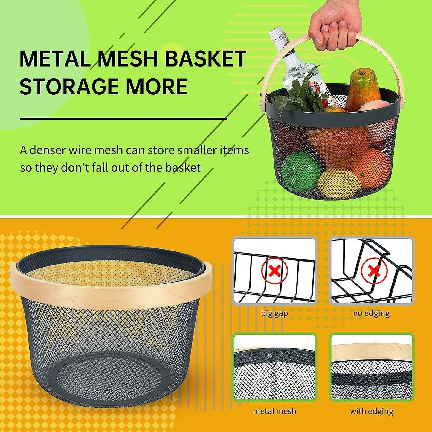 Mesh Steel Basket with Wooden Handle-13920Round Black Fruit Baskets Apricot   
