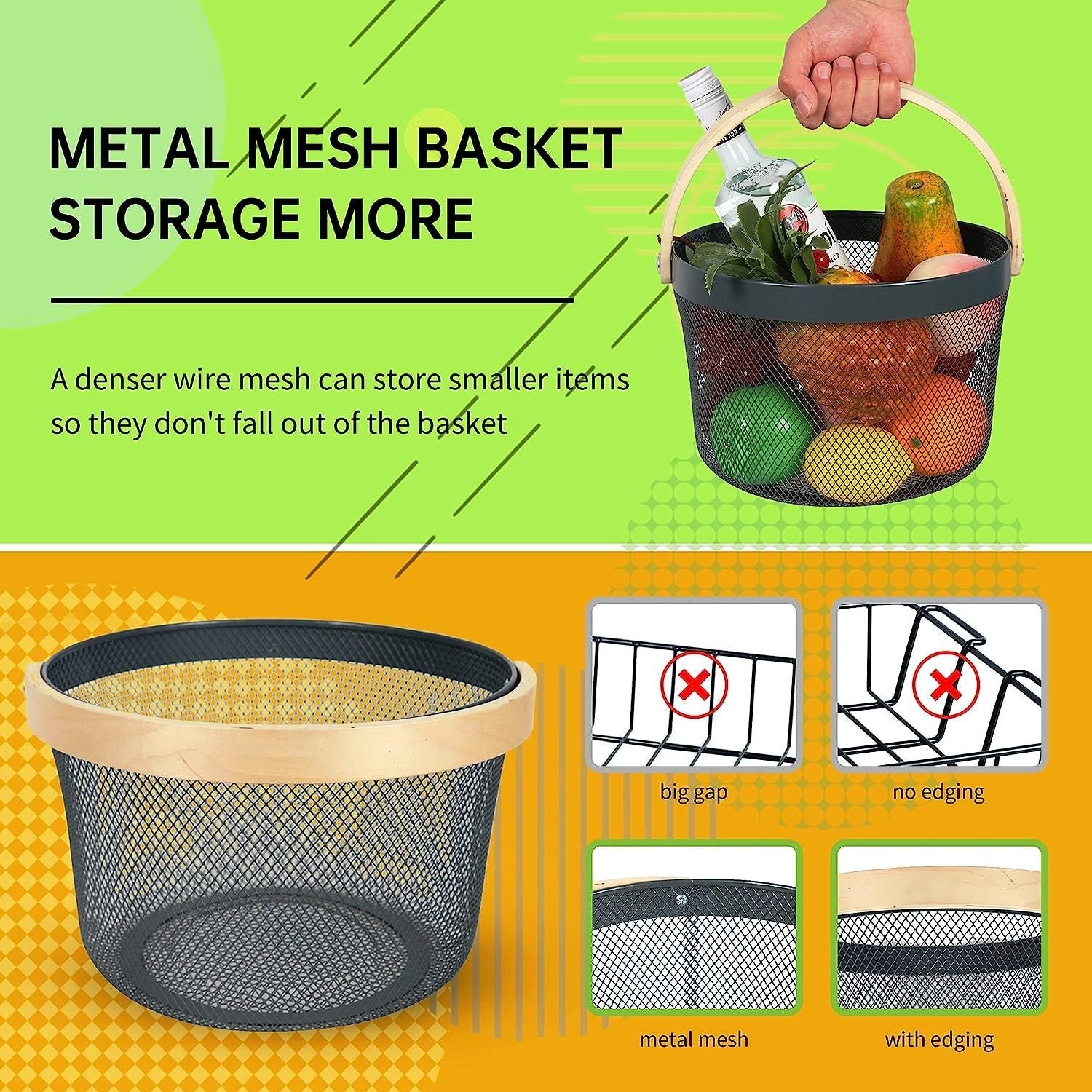 Mesh Steel Basket with Wooden Handle-13920Round Black Fruit Baskets Apricot   