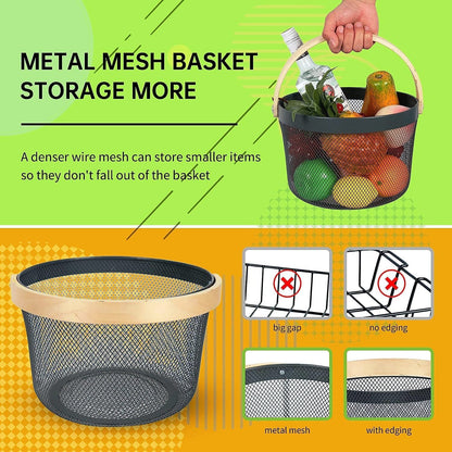 Mesh Steel Basket with Wooden Handle-13920Round Black Fruit Baskets Apricot   