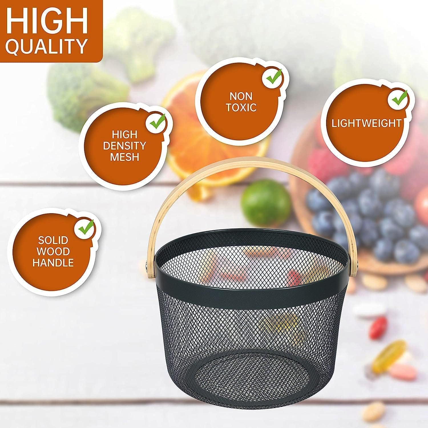 Mesh Steel Basket with Wooden Handle-13920Round Black Fruit Baskets Apricot   
