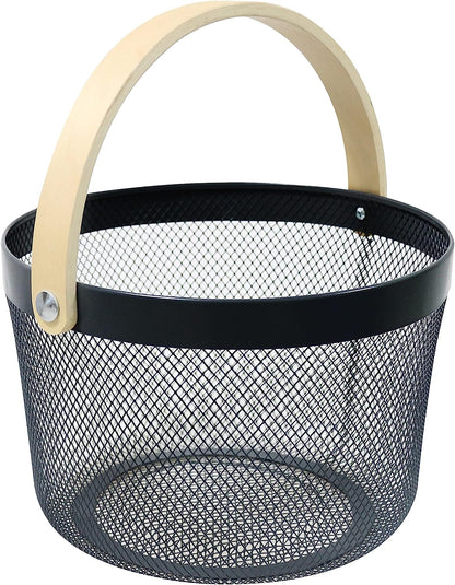 Mesh Steel Basket with Wooden Handle-13920Round Black Fruit Baskets Apricot   