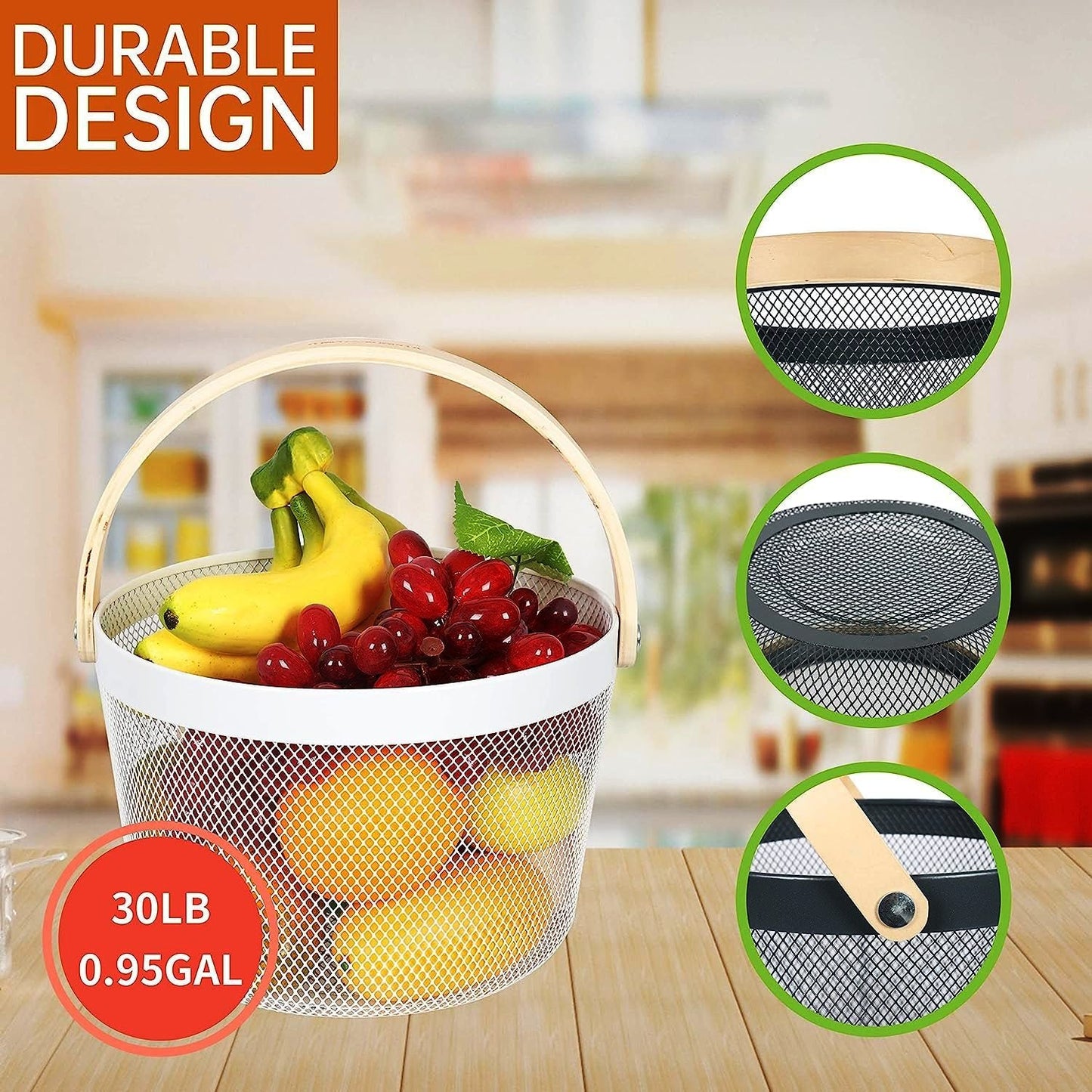 Mesh Steel Basket with Wooden Handle-Round White Fruit Baskets Apricot   