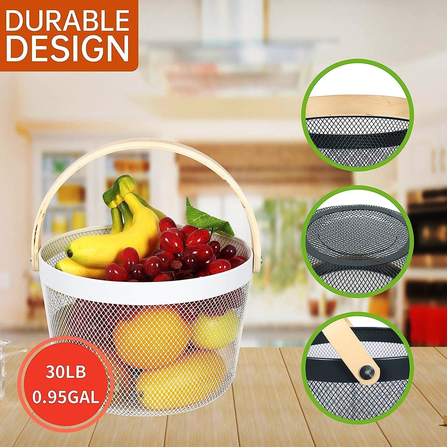 Mesh Steel Basket with Wooden Handle-Round White Fruit Baskets Apricot   