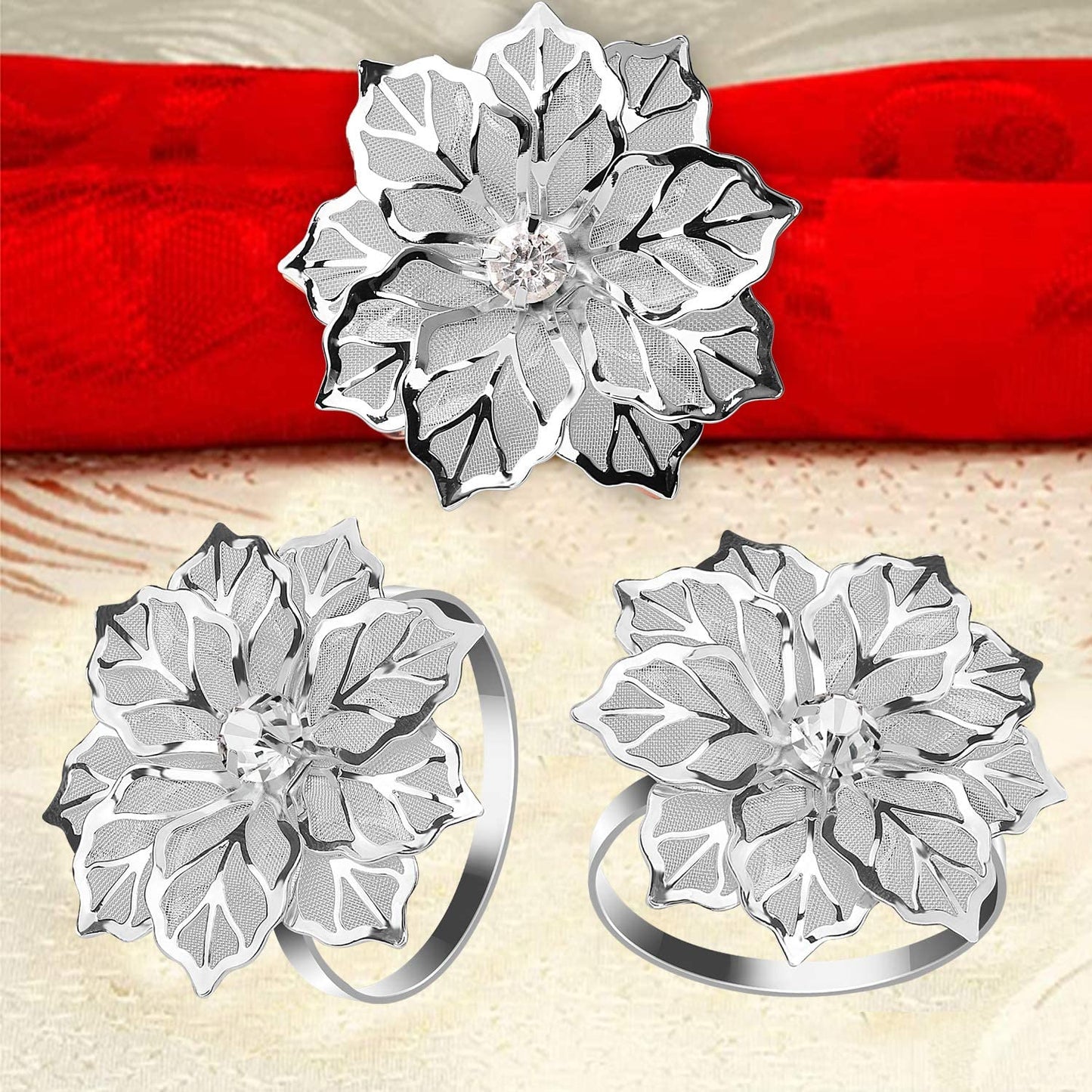 Napkin Holder Rings-Silver Flower Kitchen Apricot   