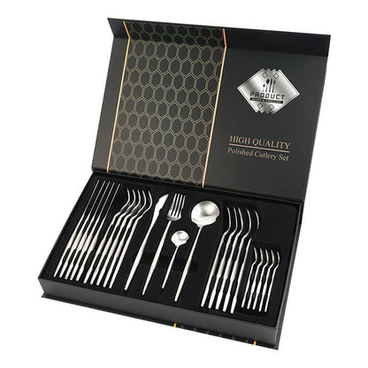 24 PCs Premium Steel Cutlery Set- (4404) Silver Apricot
