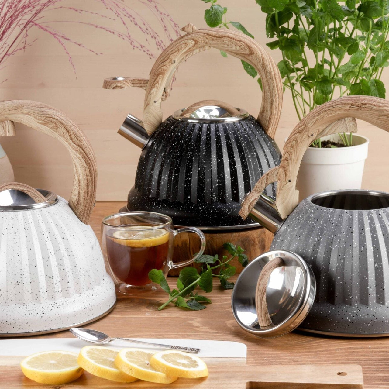 Stainless Steel One Touch Button Whistle Teapot with Anti Scalding Handle  Apricot   