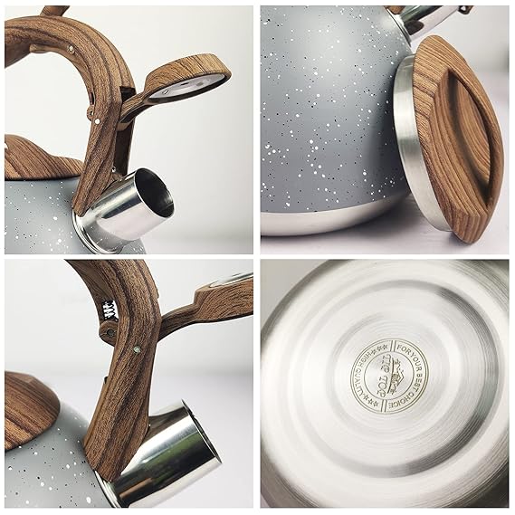 Stainless Steel One Touch Button Whistle Teapot with Anti Scalding Handle- Grey Texture Apricot