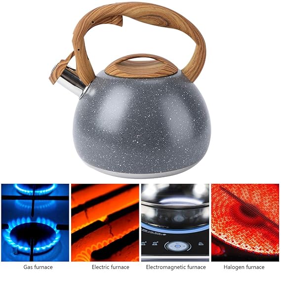 Stainless Steel One Touch Button Whistle Teapot with Anti Scalding Handle- Grey Texture Apricot