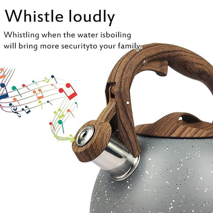 Stainless Steel One Touch Button Whistle Teapot with Anti Scalding Handle- Grey Texture Apricot