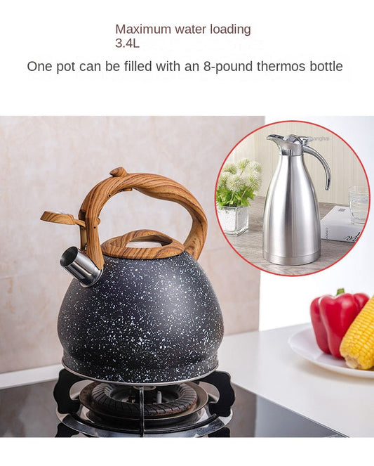 Stainless Steel One Touch Button Whistle Teapot with Anti Scalding Handle- Grey Texture Apricot