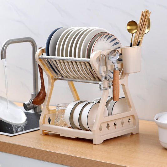 2-Tier-Dish Drying Rack & Utensil Holder(15254)-Beige Dish Rack Apricot