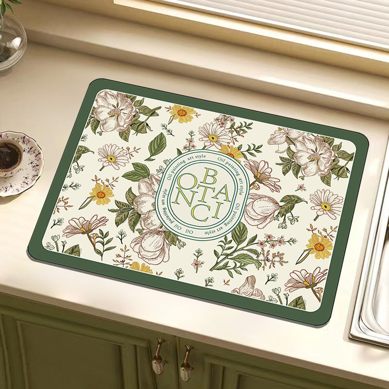 Anti Slip Dish Drying Mat-Green Botanic Rugs Apricot