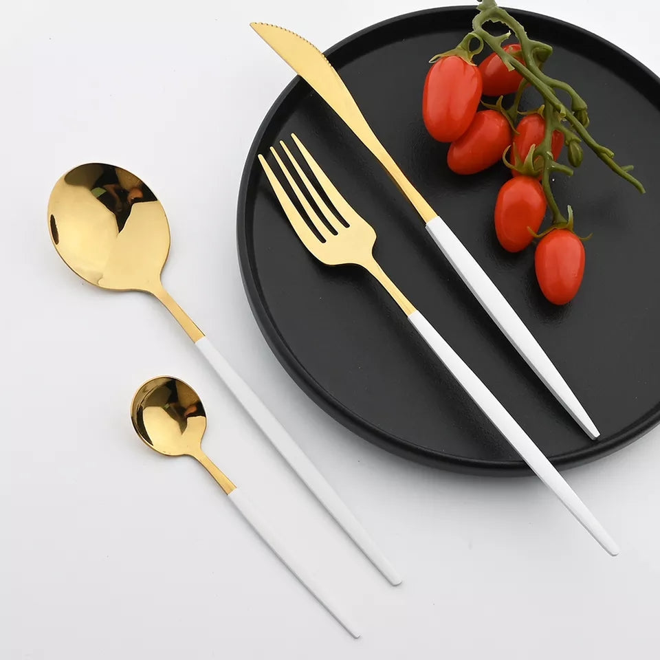 24 PCs Premium Steel Cutlery Set- (4406) White Over Golden Apricot