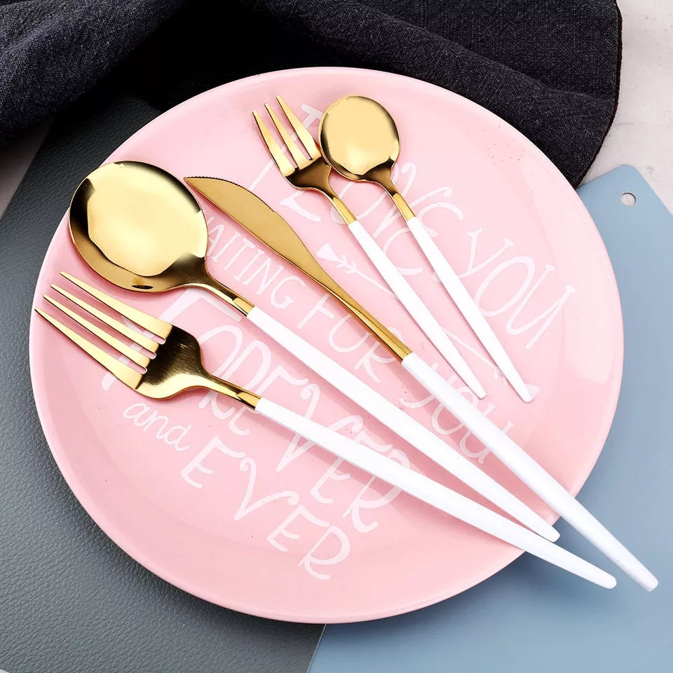 24 PCs Premium Steel Cutlery Set- (4406) White Over Golden Apricot